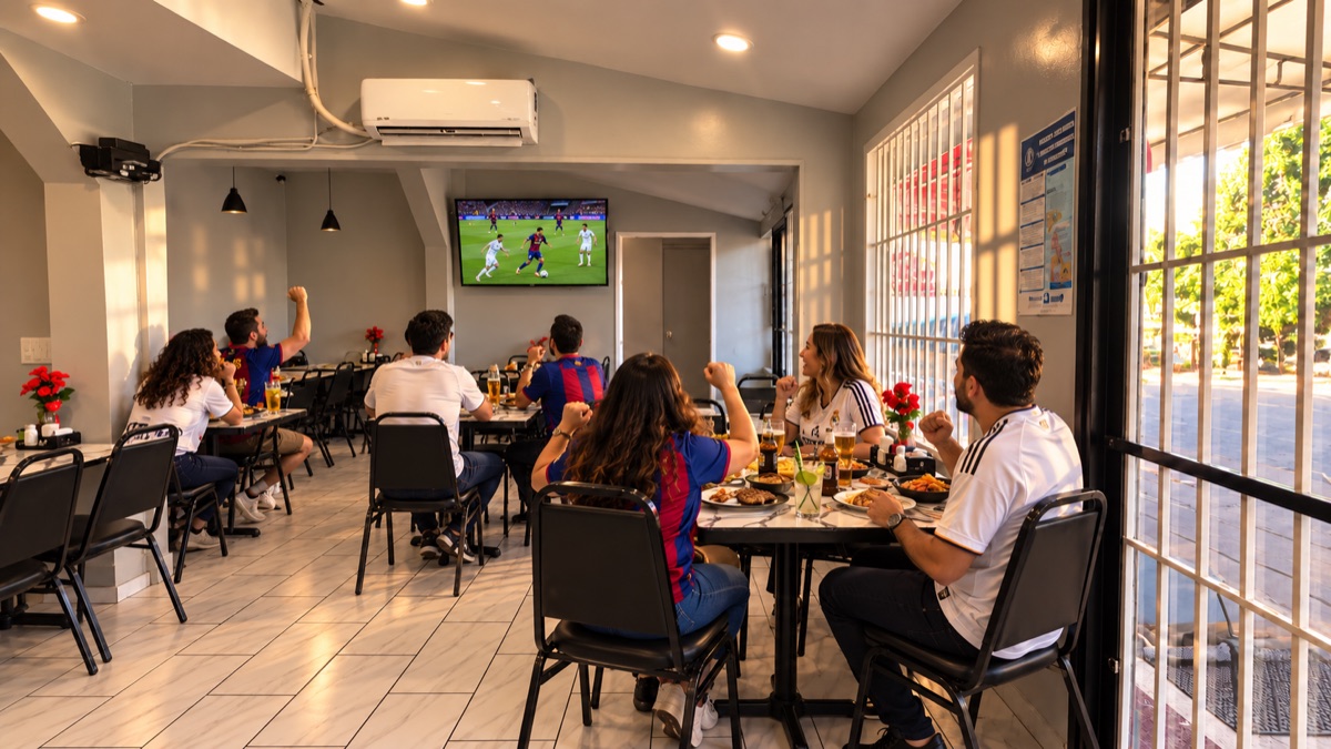 Fans in Barcelona and Real Madrid jerseys watching a match on the dining-room television; a staged promotional scene