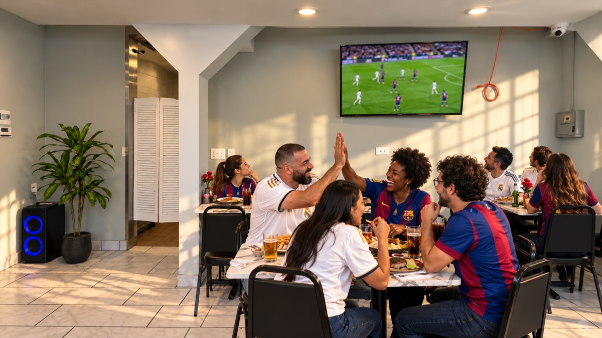 Friends in Barcelona and Real Madrid jerseys sharing a high five at a marble table as the match plays; a staged promotional scene