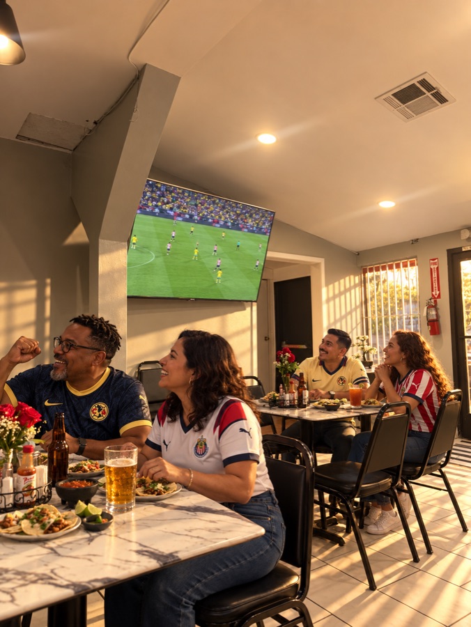 Fans in Club América and Chivas jerseys watching soccer with tacos and beer; a staged promotional scene
