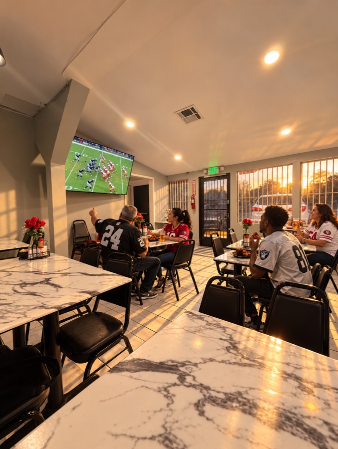 Fans in Raiders and 49ers jerseys watching football as the sun sets through the front windows; a staged promotional scene