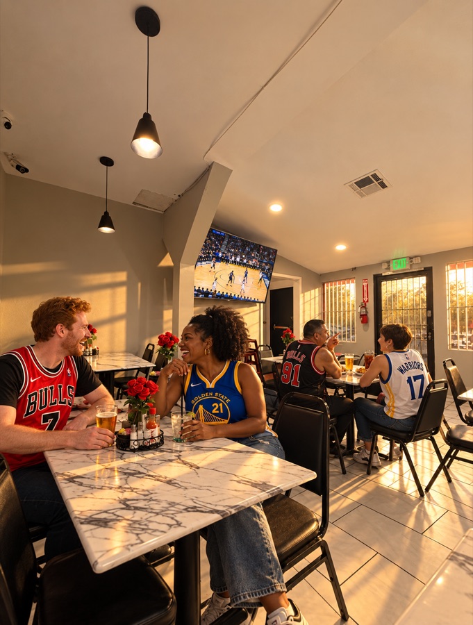 Guests in Bulls and Warriors jerseys laughing over drinks while basketball plays; a staged promotional scene