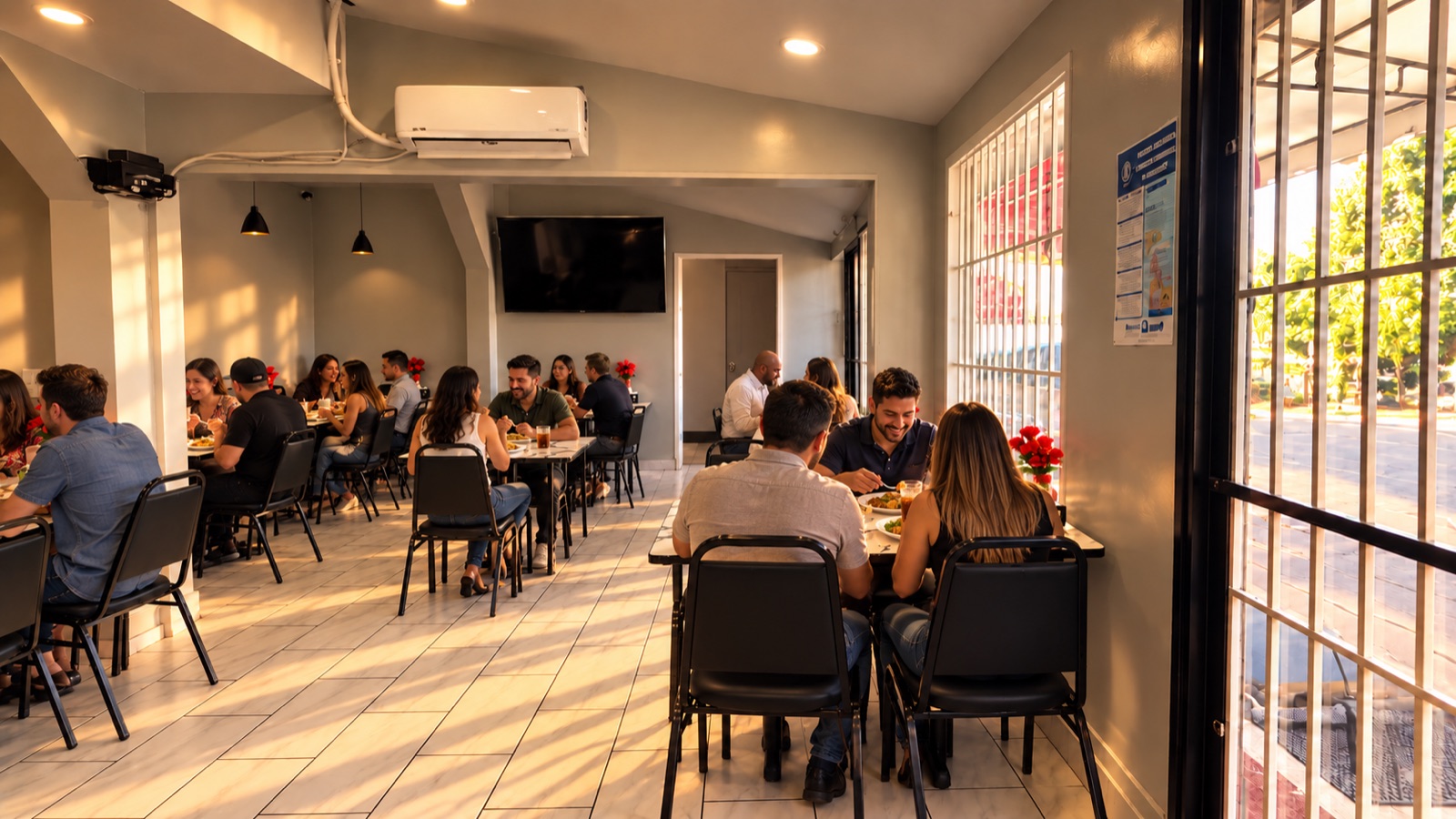 A staged promotional scene of the dining room at golden hour, with guests at the marble tables and sunlight through the front windows.